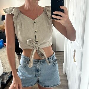 Miroa Womens Cap Sleeve Cropped Top Button Up Front Tie V Neck Crop Top